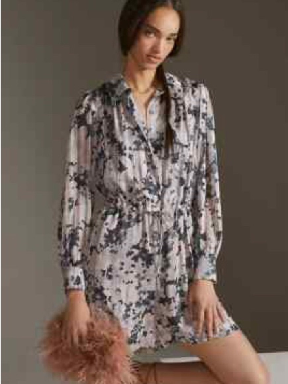 Anthropologie Abstract-Splatter Long-Sleeve Mini Dress in Light Pink and Black